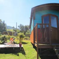 Nos deux roulottes avec terrasse privée dans notre jardin arboré.